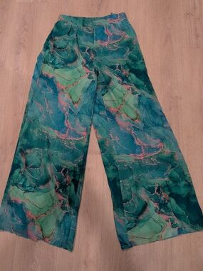 Miss Avenue Teal & Pink Marble-Print Palazzo Pants